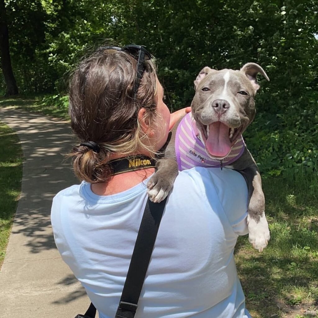 Frau trägt glücklichen Hund im Park.