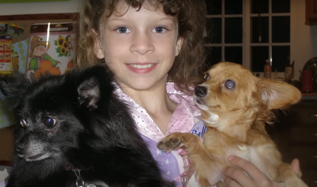 Mädchen mit zwei kleinen Hunden.