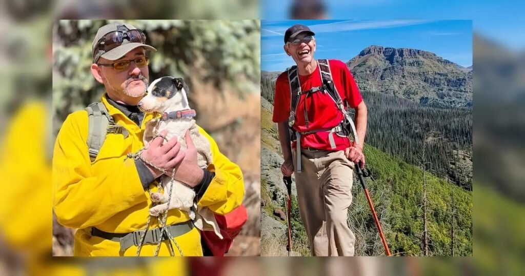 Mann mit Hund in Natur und Mann wandert im Gebirge