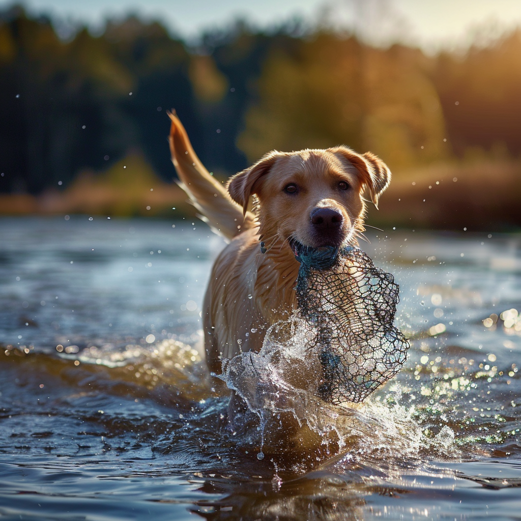 Golden retriever playing with net in water