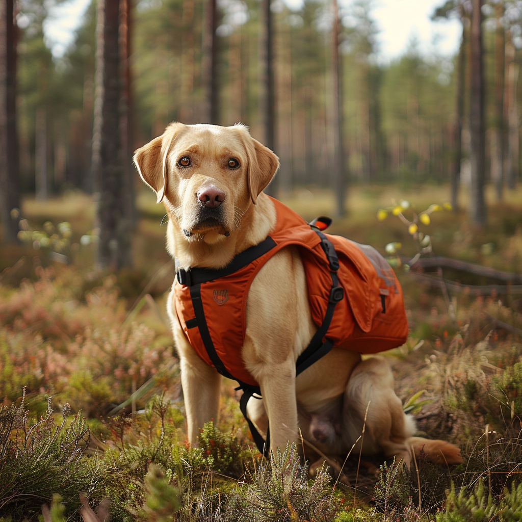 Yellow Labrador with hiking backpack in forest