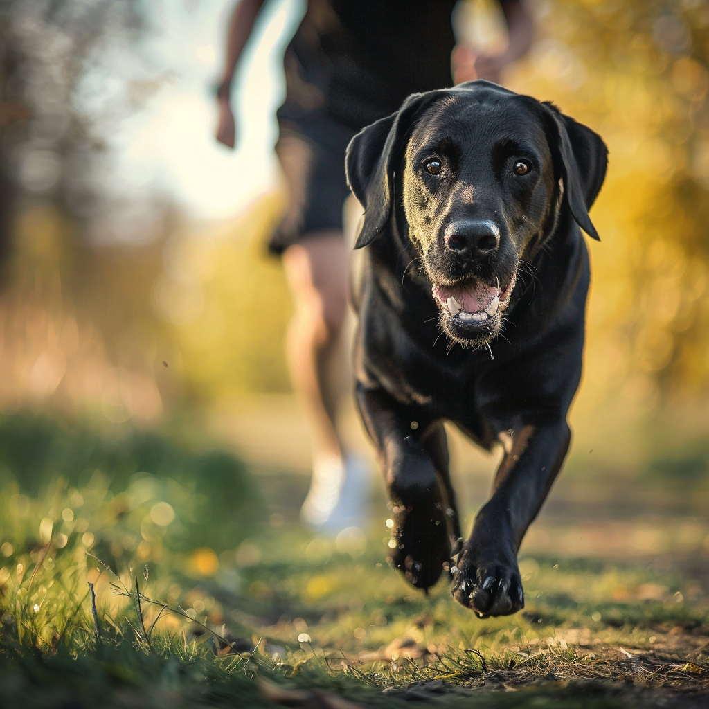 Black labrador running outdoors with owner.