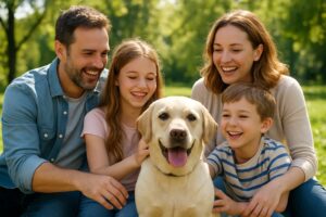 Glückliche Familie mit Hund im Park