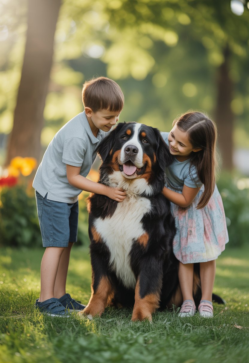 Ein Berner Sennenhund sitzt friedlich neben zwei Kindern in einem sonnigen Park, die den Hund liebevoll streicheln.