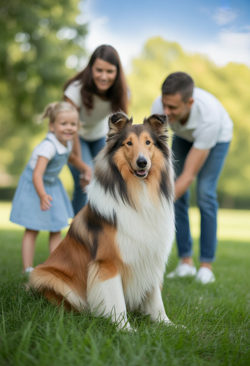 Ein Collie sitzt aufmerksam auf grünem Gras, umgeben von einer spielenden Familie in einem sonnigen Park.