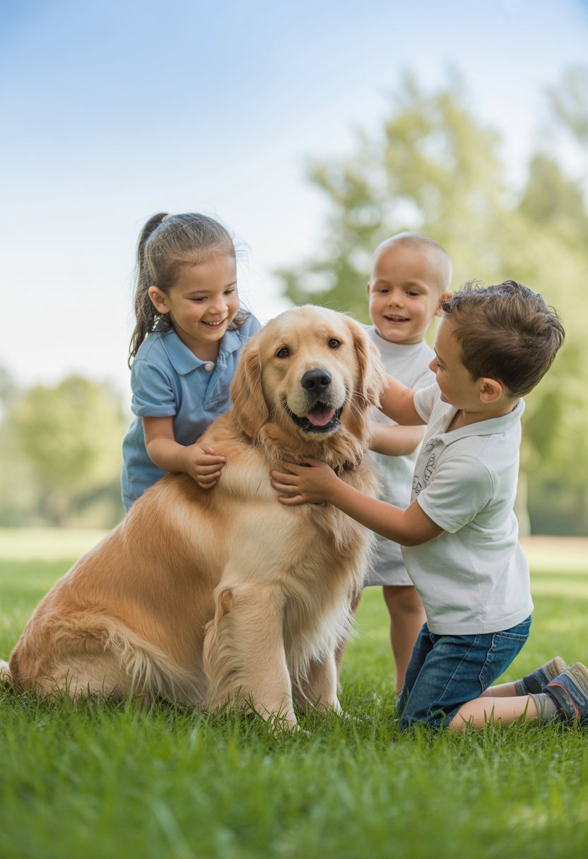 Ein Golden Retriever sitzt geduldig im Park, während mehrere Kinder ihn freundlich streicheln und mit ihm spielen.