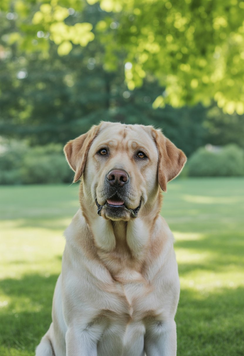 Ein Labrador Retriever sitzt aufmerksam in einem sonnigen Park mit grünem Gras und Bäumen im Hintergrund.