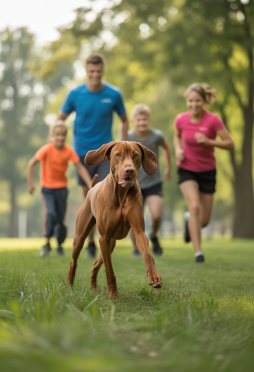 Ein Magyar Vizsla spielt draußen in einem Park mit einer sportlichen Familie.