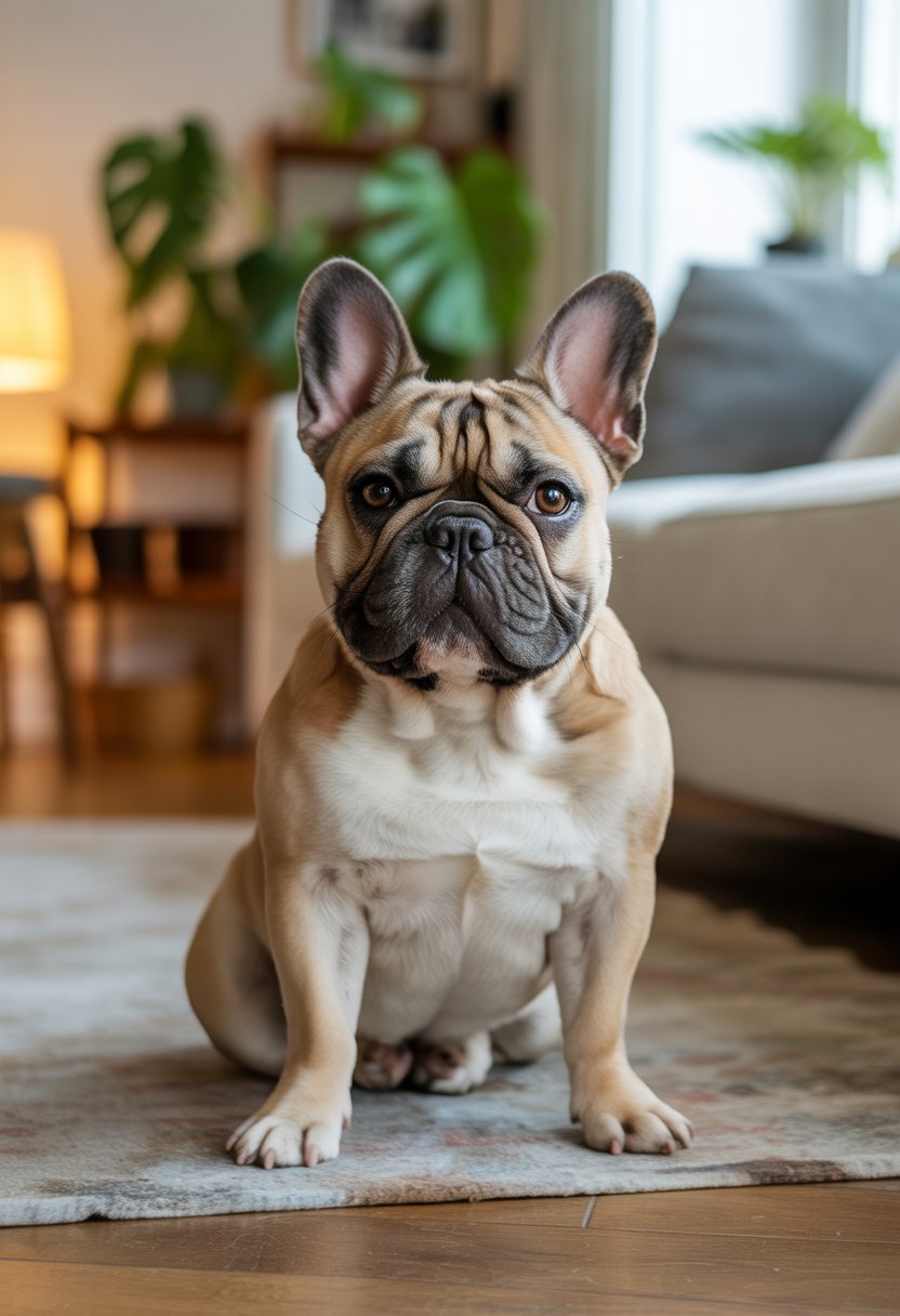 Eine freundliche Französische Bulldogge sitzt ruhig in einem gemütlichen Wohnzimmer.