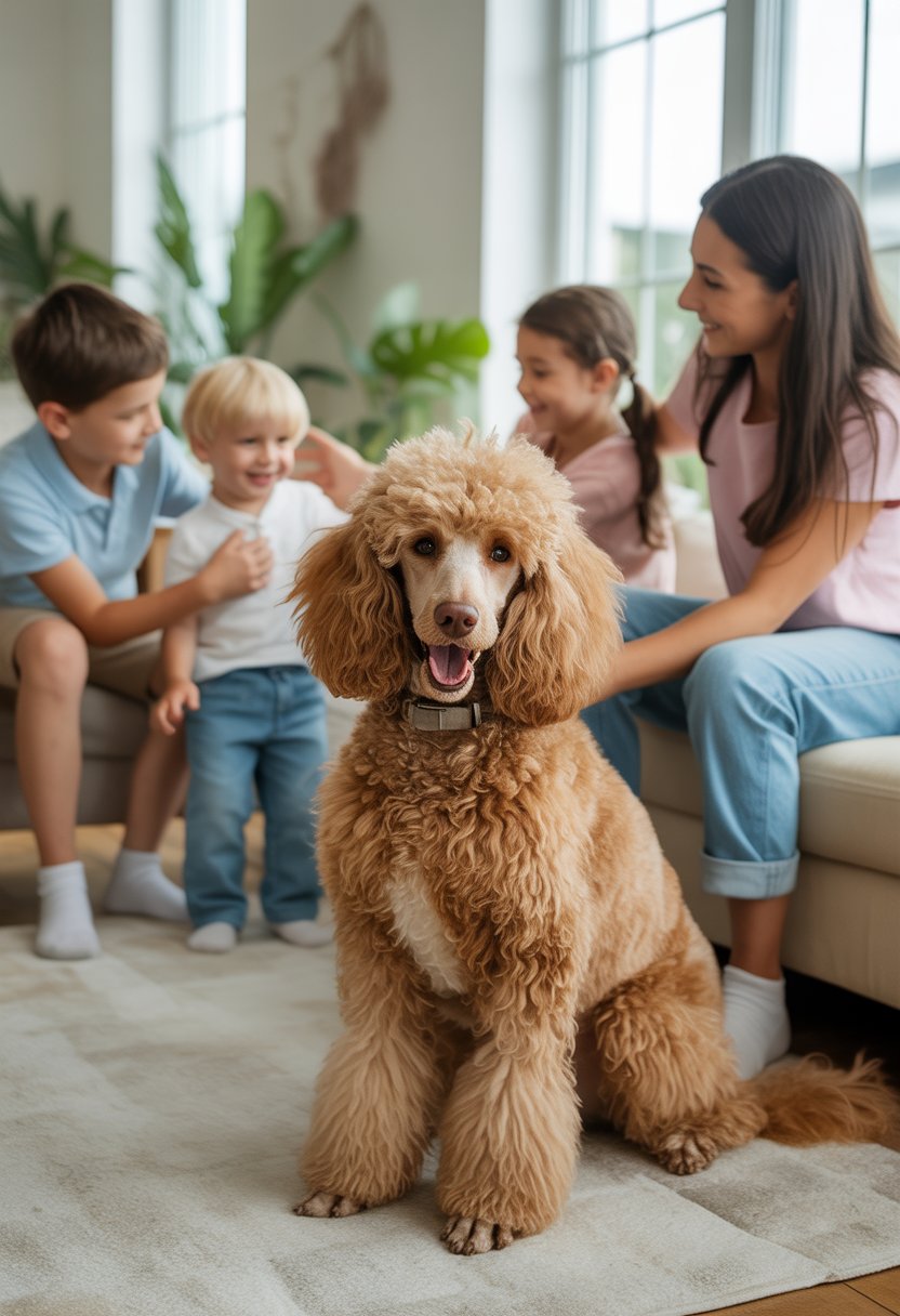 Ein gut gepflegter Pudel sitzt in einem hellen Wohnzimmer, umgeben von einer fröhlichen Familie mit Kindern.