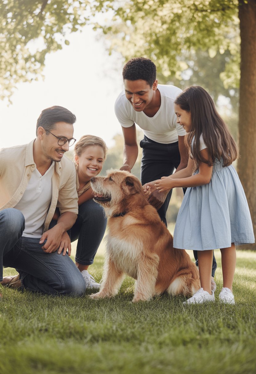 Eine glückliche Familie mit zwei Kindern spielt draußen mit einem freundlichen Hund in einem Park.