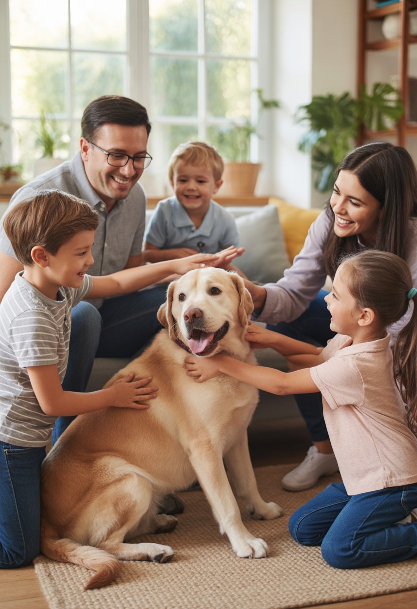 Eine glückliche Familie mit Kindern spielt liebevoll mit einem freundlichen Familienhund in einem hellen Wohnzimmer.