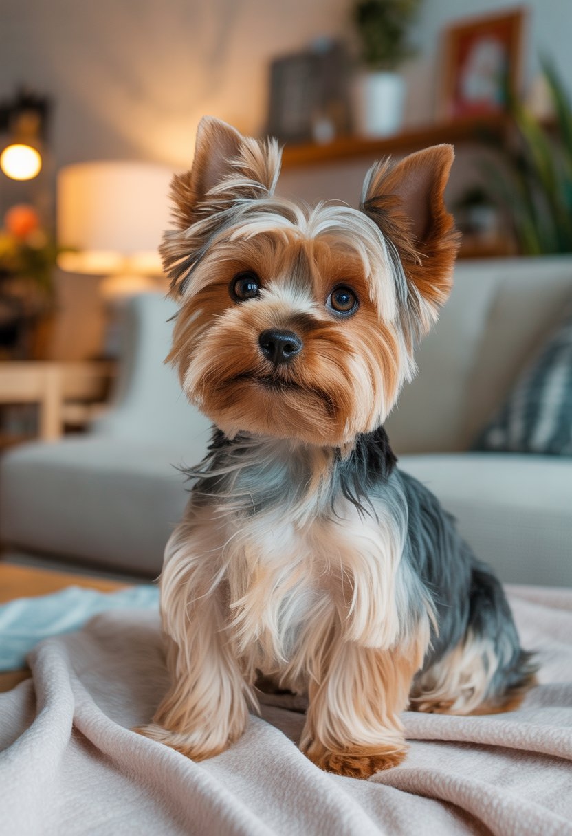 Ein Yorkshire Terrier sitzt aufmerksam auf einer weichen Decke in einem gemütlichen Wohnzimmer.