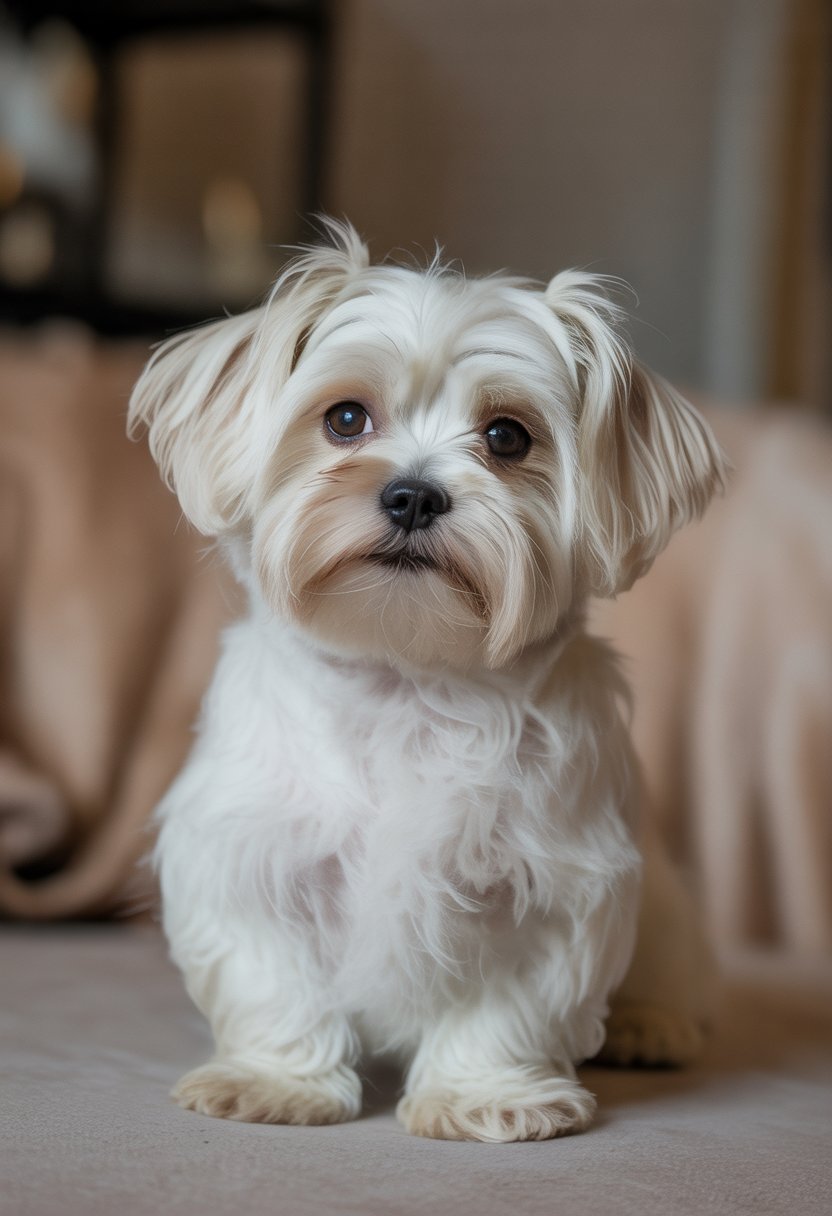 Ein kleiner weißer Malteser Hund sitzt elegant auf einer weichen Oberfläche.