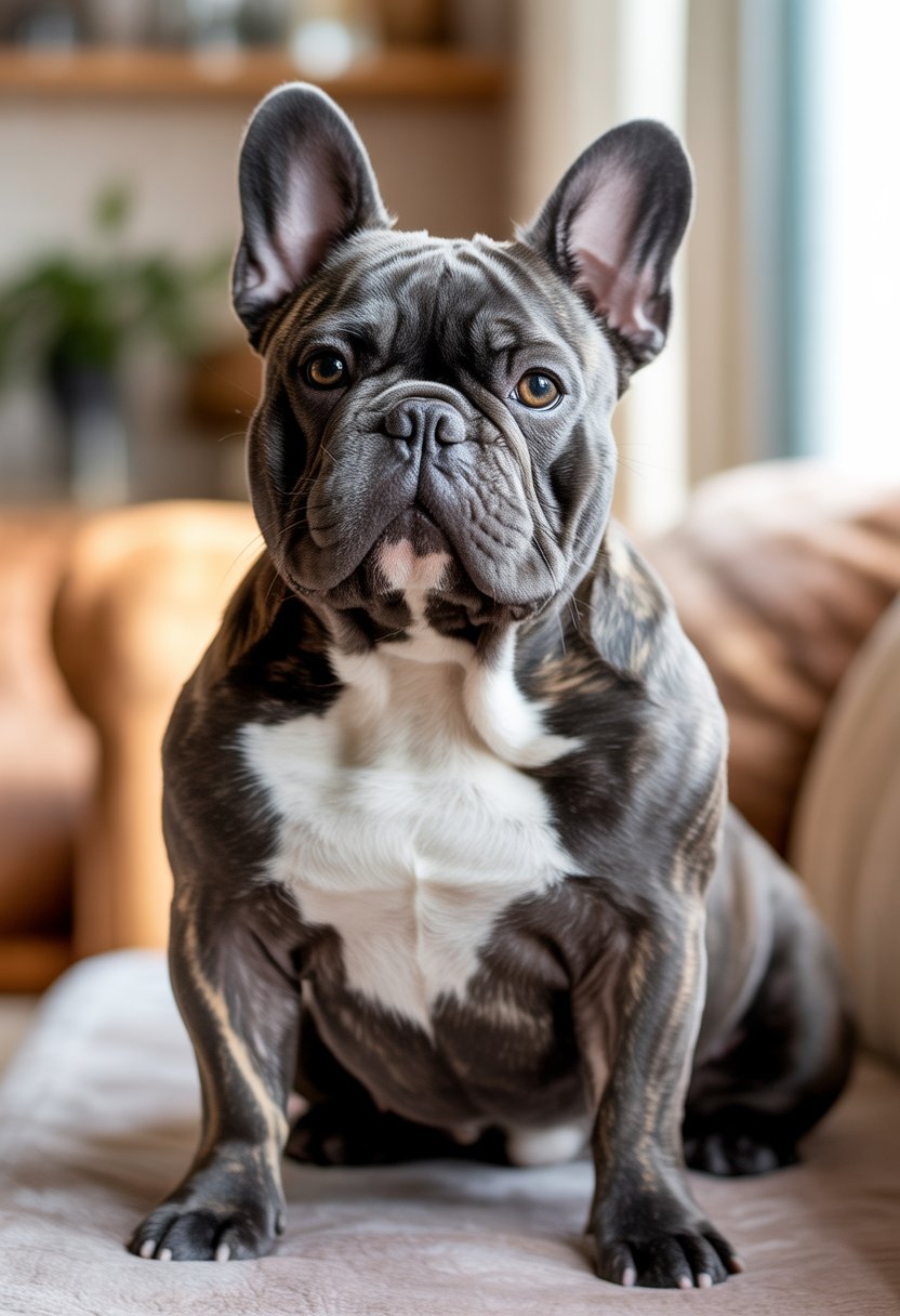 Eine Französische Bulldogge sitzt ruhig auf einer weichen Oberfläche in einem gemütlichen Innenraum.