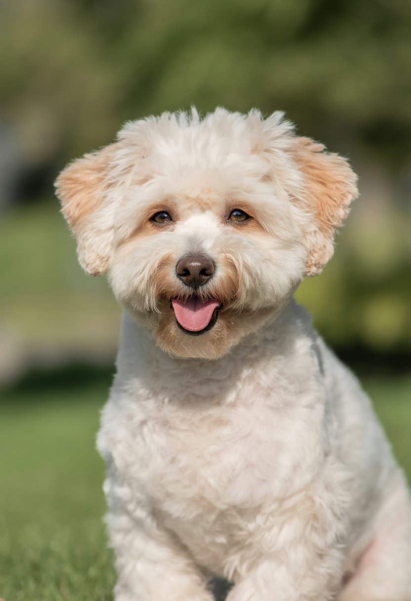 Ein fröhlicher Bichon Frisé sitzt draußen in einem hellen, natürlichen Umfeld mit grüner, unscharfer Hintergrundkulisse.