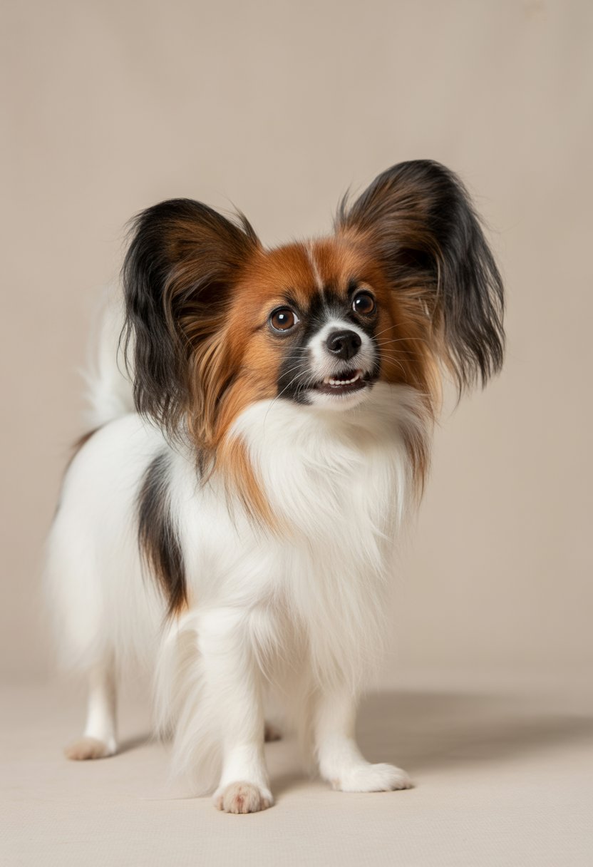 Ein lebhafter kleiner Papillon-Hund mit auffälligen großen Ohren steht aufmerksam vor neutralem Hintergrund.
